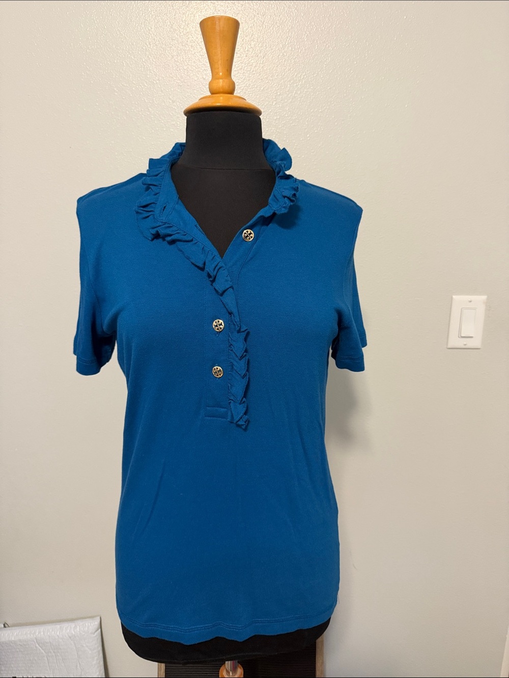 Tory Burch Teal Ruffle-Trim Short Sleeve Polo